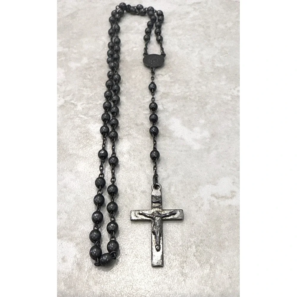 Vintage Sterling Silver Rosary‎ Necklace Birch Miraculous Medal Crucifix Gothic